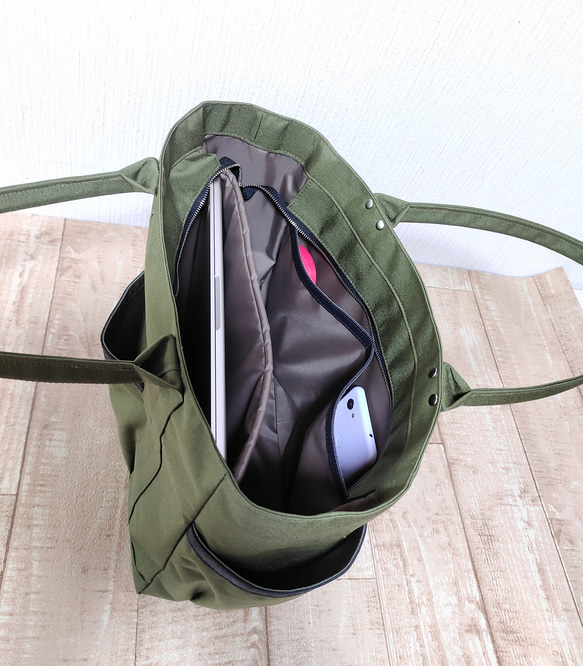 コーデュラナイロン×本革トートバッグL｜軽量＆撥水・13インチPC対応〈自立・多ポケット仕様〉カーキグリーン 5枚目の画像