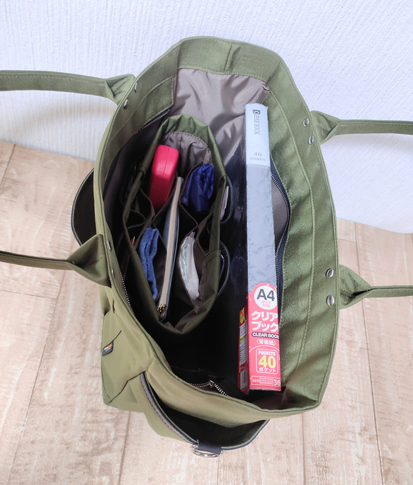 コーデュラナイロン×本革トートバッグL｜軽量＆撥水・13インチPC対応〈自立・多ポケット仕様〉カーキグリーン 7枚目の画像