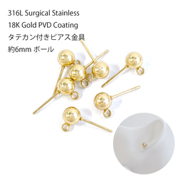 ese73-4 [10 件] 約 6 毫米球形穿孔配件，帶垂直環，18KGP 醫用不鏽鋼 第1張的照片