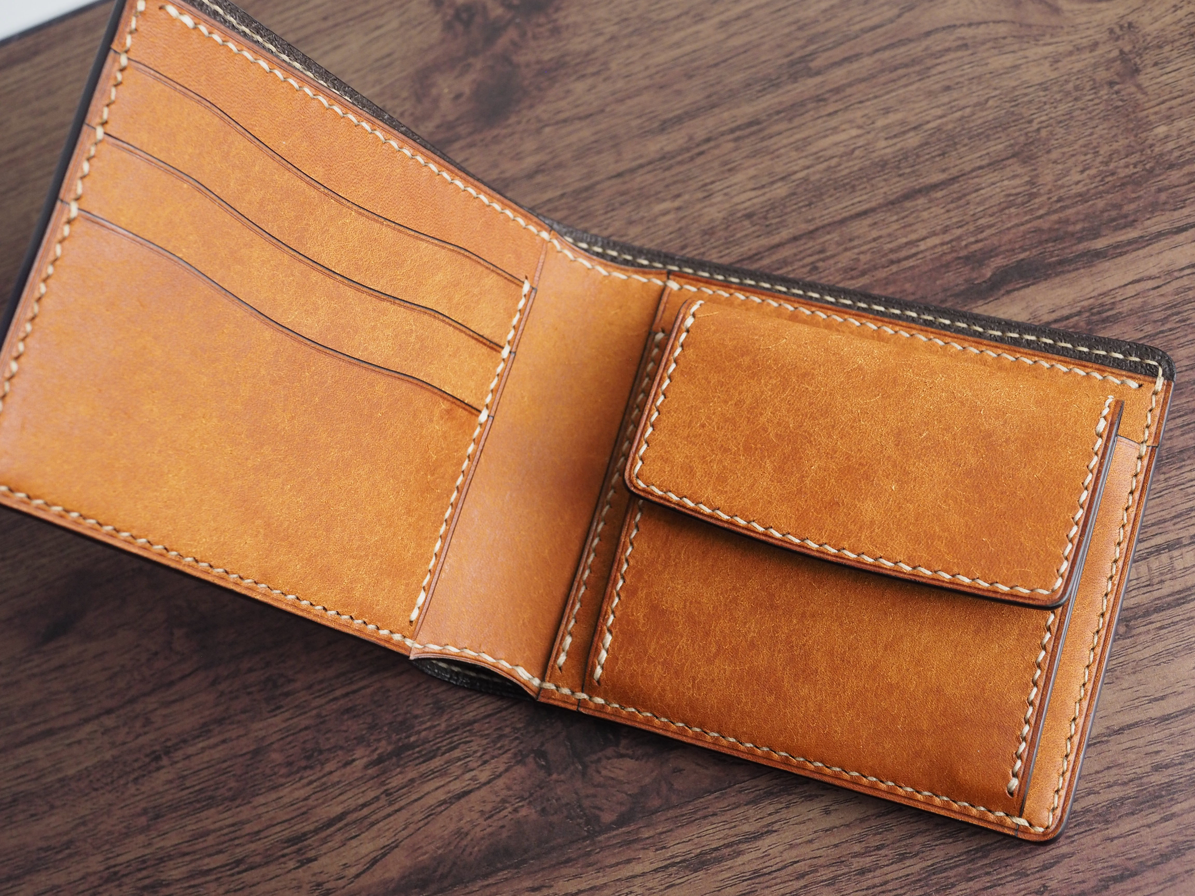 総手縫い│イタリアンレザーマルゴー│2つ折財布│フィエーノ(オレンジキャメル)