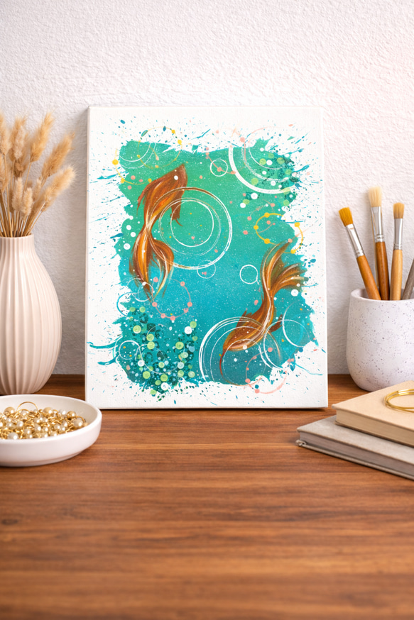 はじけてgoldfishアクリル画　アクリル絵の具　アート　金魚　水槽　絵画 はじけてgoldfish｜原画｜インテリアアート｜キャンバス作品｜北欧