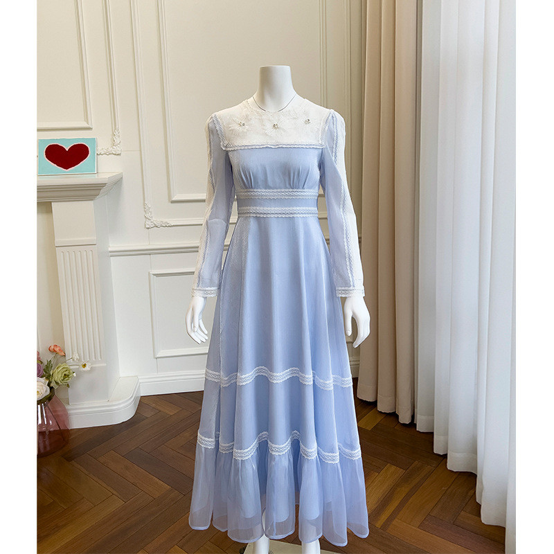 ドレス パーティー ウェディング ワンピース ロング プリンセス 青 レース 上品 優雅 韓国風 誕生日 お呼ばれ