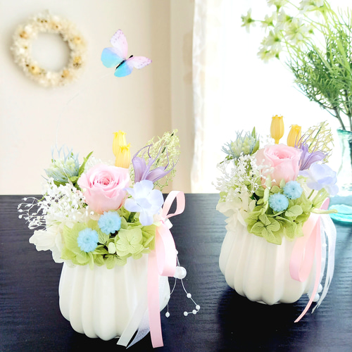 ブリザードフラワーひまわり風アレンジ お仏花タイプ一対 ラッピングし