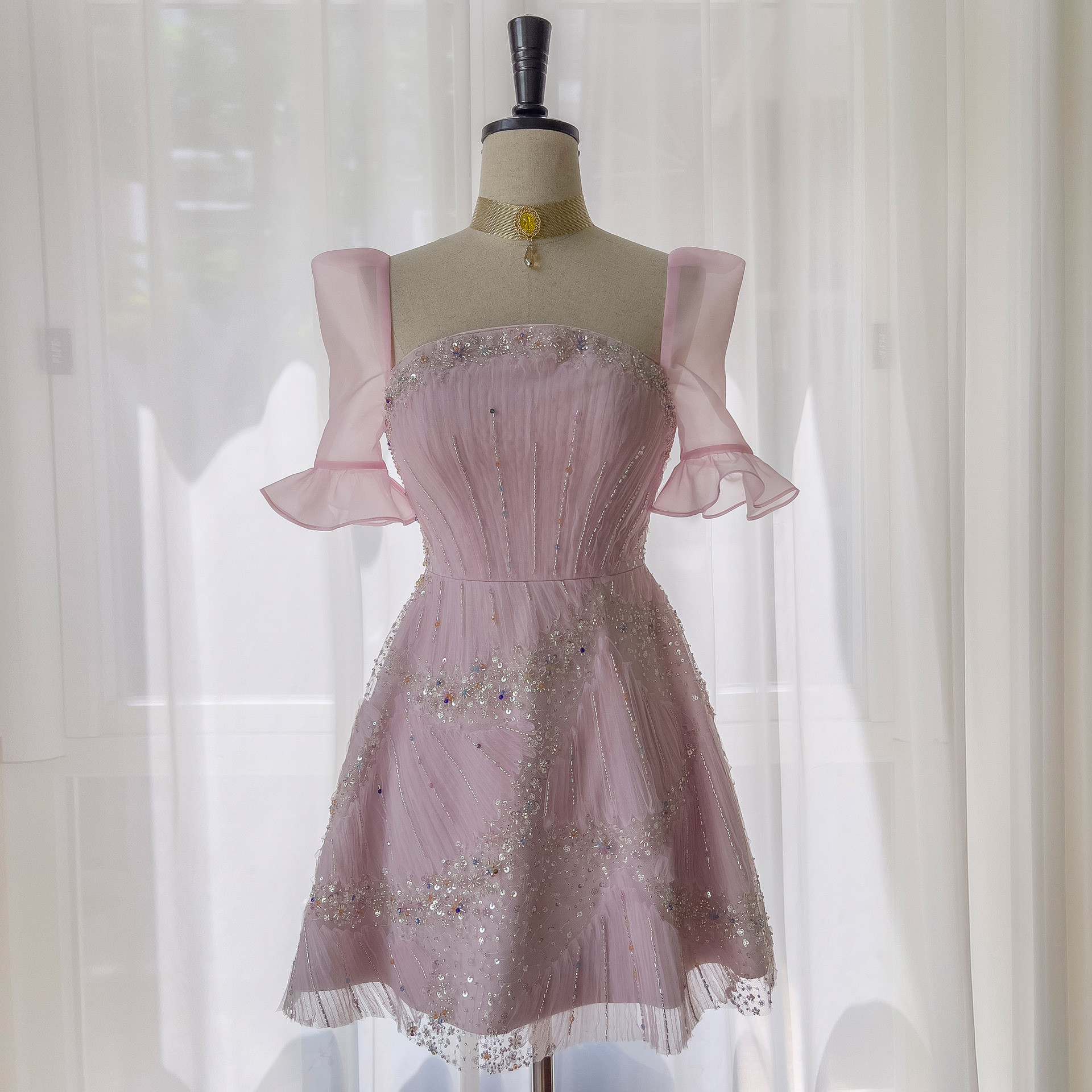 ドレス パーティー ウェディング ワンピース ショート プリンセス 紫 上品 優雅 韓国風 結婚式 お呼ばれ