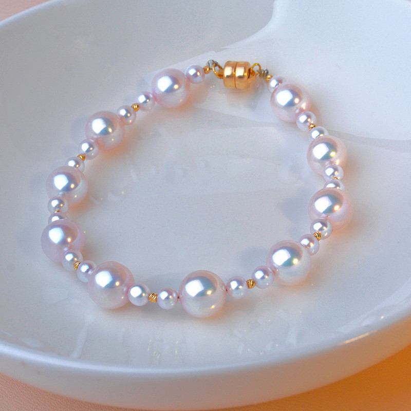 【La Corser】日本製 3-7.5mm アコヤ天然海水真珠ブレスレット ラウンド型 非常に明るい 18Kゴールド留め金 大