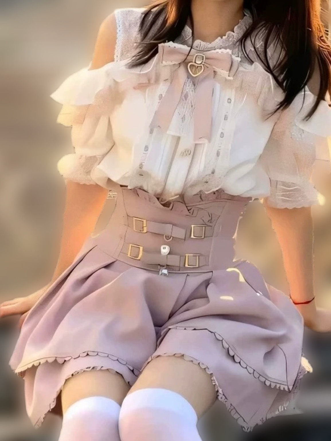 【2点セット】ビスチェ風トップス、編み上げリボンキュロットスカート★axes axes femme - 【2点セット】ビスチェ風トップス、編み上げリボン