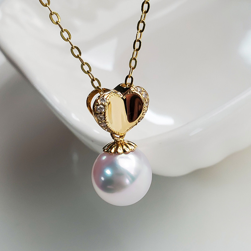 【La Corser】シンプルハート型 日本製 海水アコヤ真珠 7.5-9.5mm 18金ゴールド 天然真珠ネックレスペンダント
