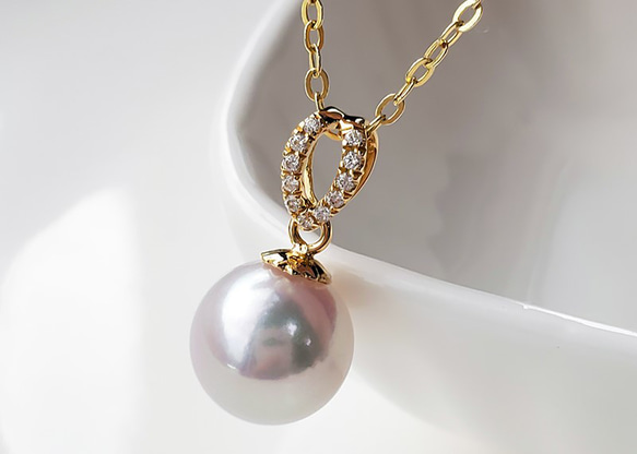 【La Corser】日本海水7.5-9.5mmアコヤ真珠18金ゴールド天然真珠ネックレスペンダントラウンドパール強い光 3枚目の画像