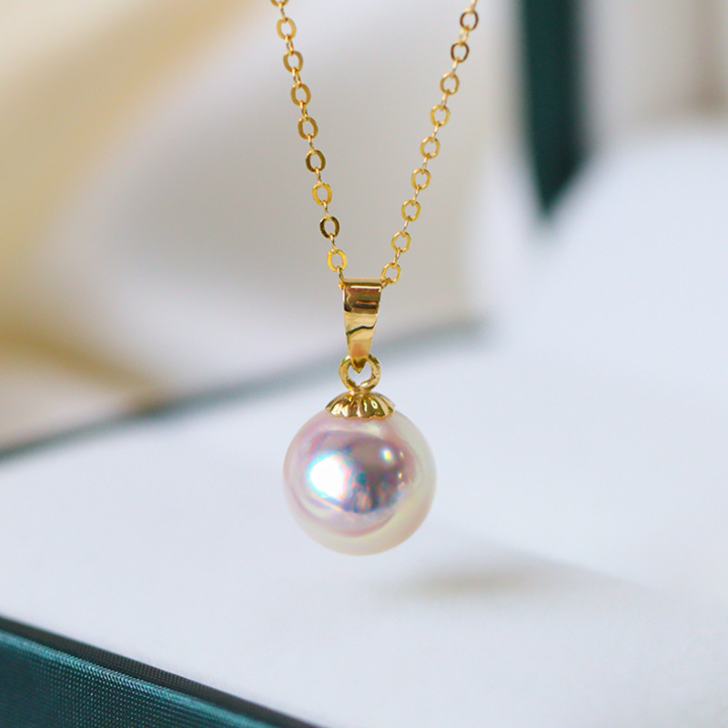【La Corser】日本製天然8-9.5mmアコヤ真珠ネックレス 18金ゴールドペンダント ラウンドパール 強い光 鎖骨チェー