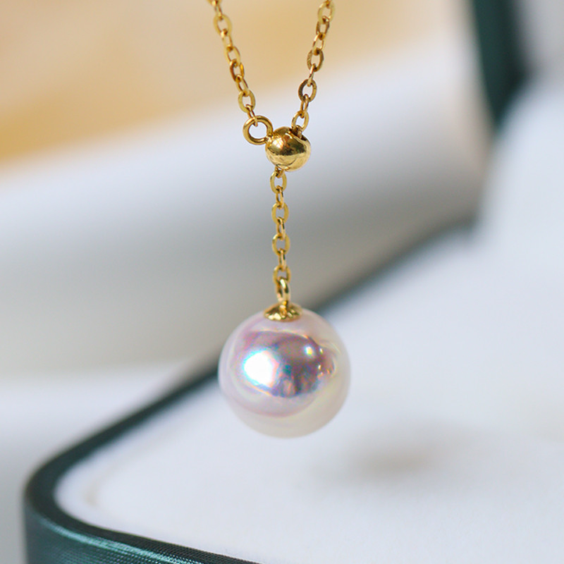 【ラコルセ】日本製 7.5-9.5mm アコヤ真珠 天然海水真珠ペンダントトップ 18Kゴールド Y字ネックレス 天珠 鎖骨チェ