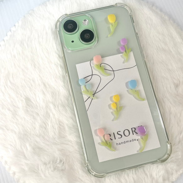 カラフルチューリップのスマホケース【iPhone全機種対応】レジン iPhone16 iPhone15 クリアケース 6枚目の画像