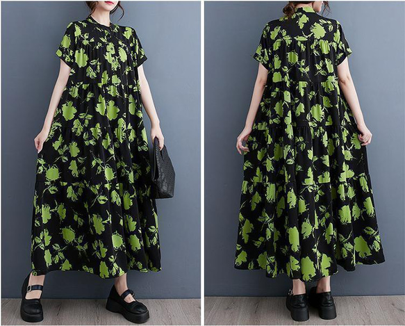 大きいサイズ レディース ロング　ワンピース　グリーン　春夏 秋 新品 半袖 7枚目の画像