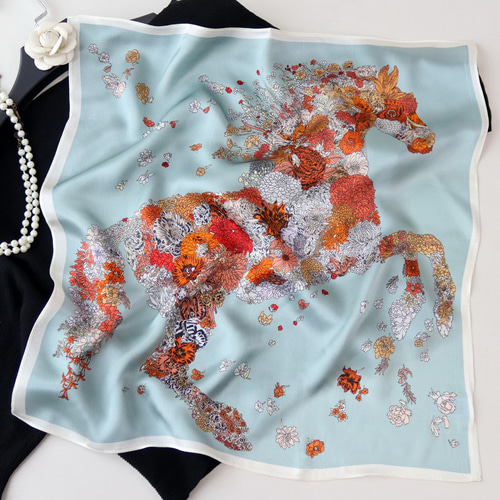 花柄馬デザインシルクスカーフ シルク100％ 約 53cm 絹スカーフ