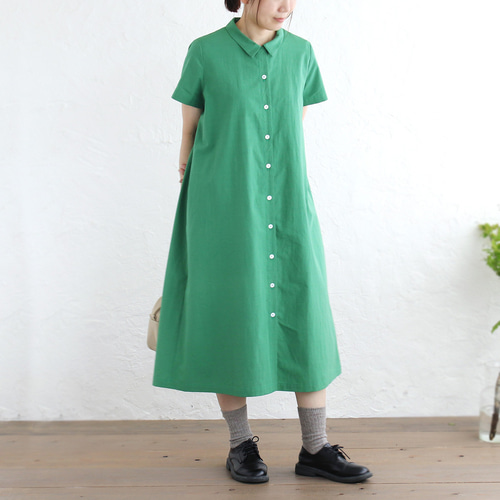 着こなし広がる 遠州織物 2wayシャツワンピース リネン混（グリーン