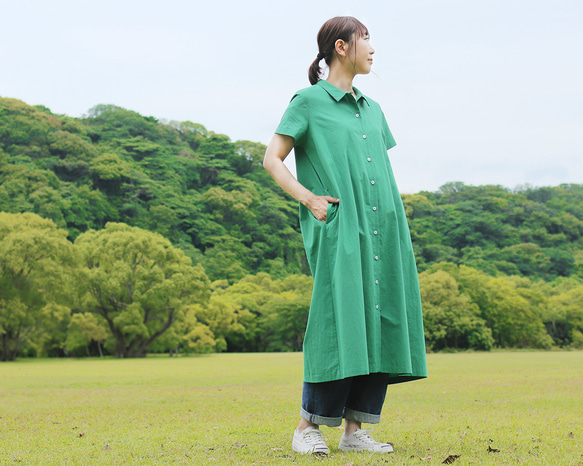 着こなし広がる 遠州織物 2wayシャツワンピース リネン混（グリーン
