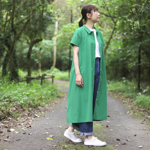 着こなし広がる 遠州織物 2wayシャツワンピース リネン混（グリーン