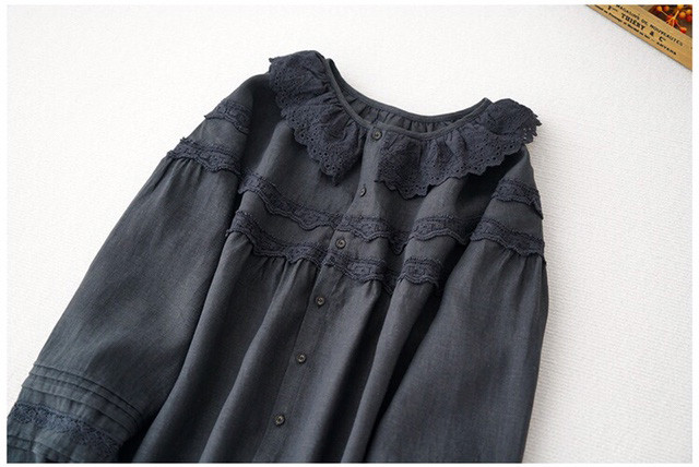 梅雨時期に最適リネン100％刺繍襟ゆったり着られる大人可愛い長袖トップス♪