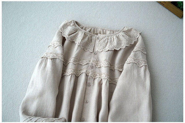 梅雨時期に最適リネン100％刺繍襟ゆったり着られる大人可愛い長袖トップス♪