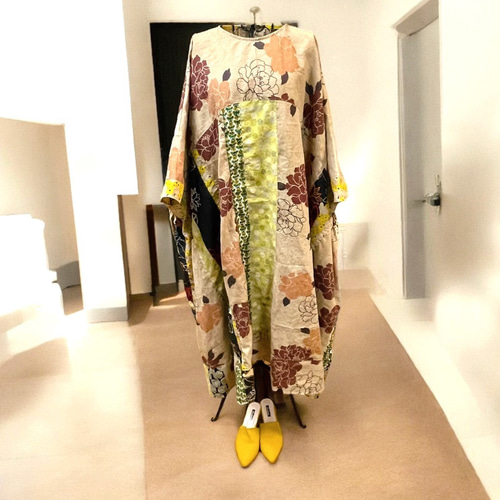 柿渋染め 浴衣 リメイク モモンガワンピース ゆったりサイズ ロング