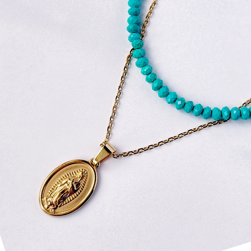 秋服にも合う | ターコイズ・メダイネックレス | 金属アレルギー対応サージカルステンレス