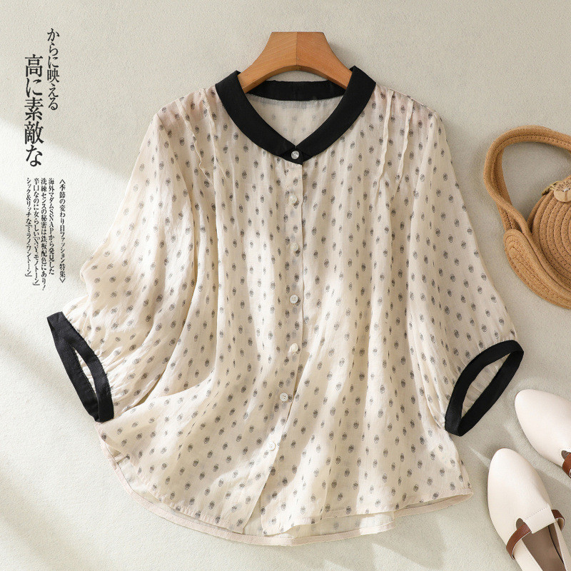 新デザイン ヴィンテージ コントラストカラー 立て襟シャツ   25120