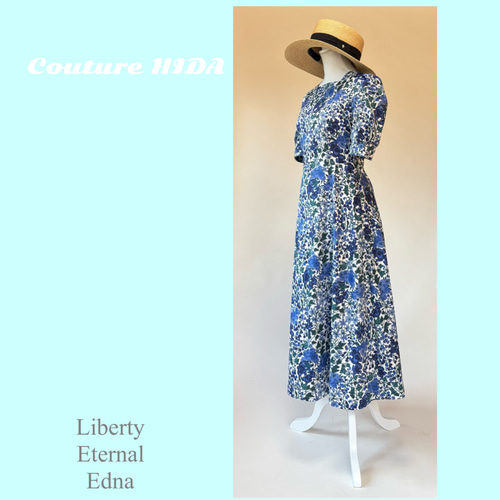 リバティ社生地使用 エドナ（ブルー） スクエアネック5分袖ワンピース