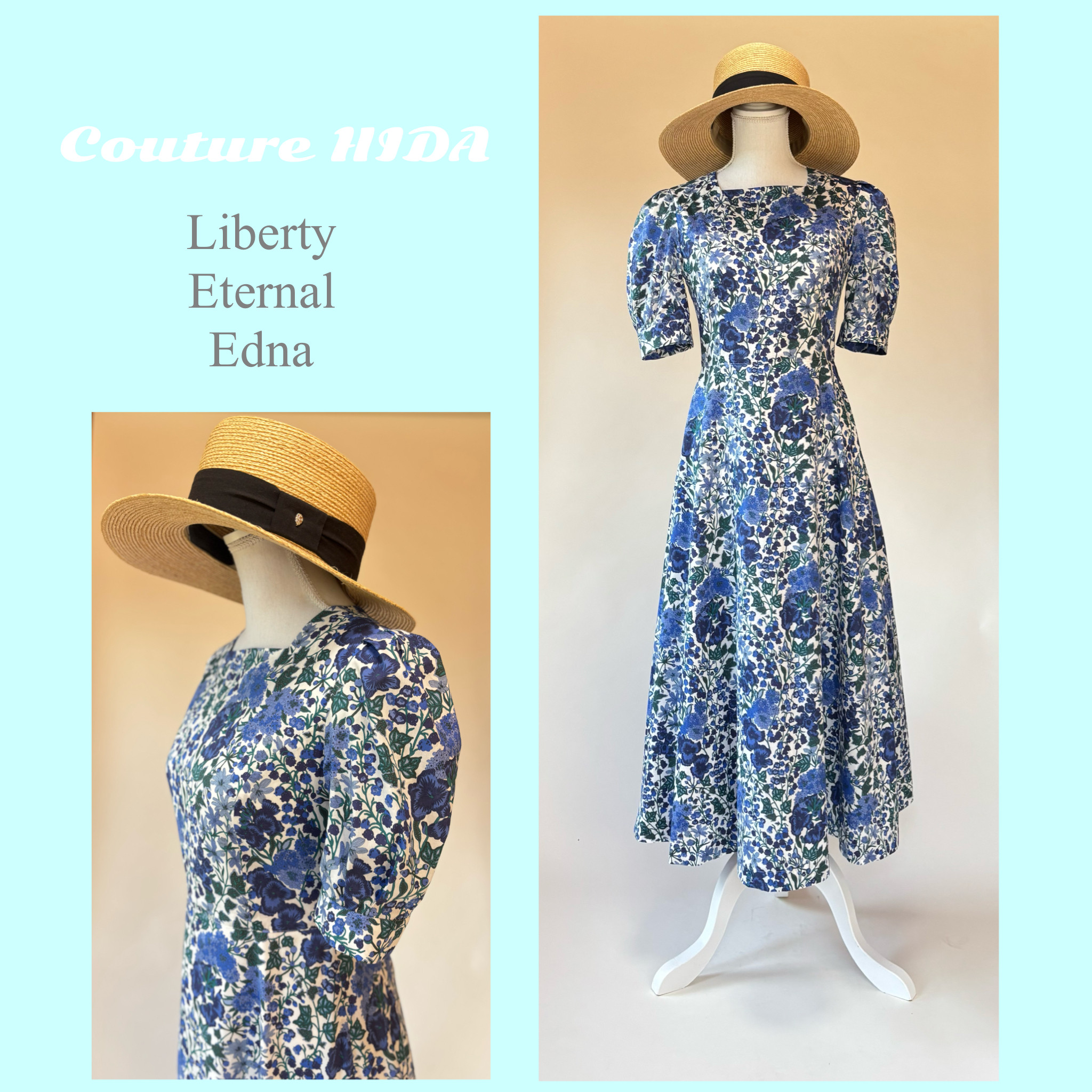 リバティ社生地使用　エドナ（ブルー）　スクエアネック5分袖ワンピース　　　★親子コーデ　リンクコーデ　承ります