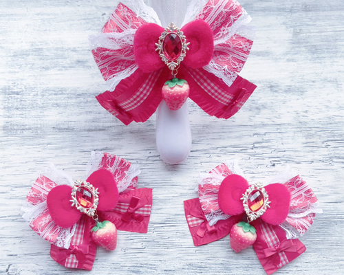 ペンライトリボン ヘアクリップ セット 赤 いちご ヘアピン marumin