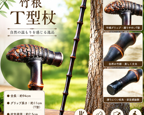 竹根T型杖 軽量杖 竹製ステッキ 手作り杖 父の日ギフト 登山用ステッキ