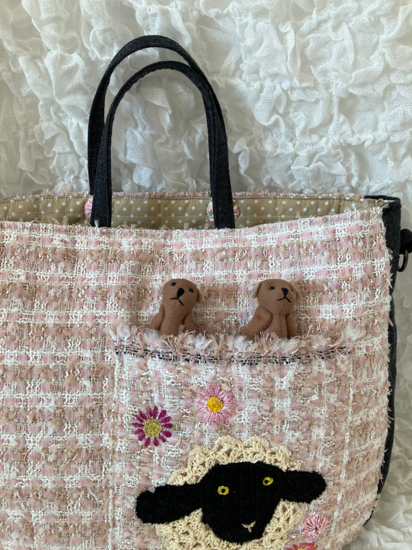 【MIMOSHIGE〜ミモシゲバッグ4号〜羊ちゃん】　ハンドメイド　おでかけバッグ　キッズバッグ　布バッグ　動物柄 4枚目の画像