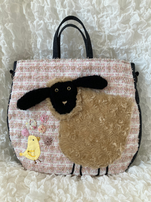 【MIMOSHIGE〜ミモシゲバッグ4号〜羊ちゃん】　ハンドメイド　おでかけバッグ　キッズバッグ　布バッグ　動物柄 1枚目の画像