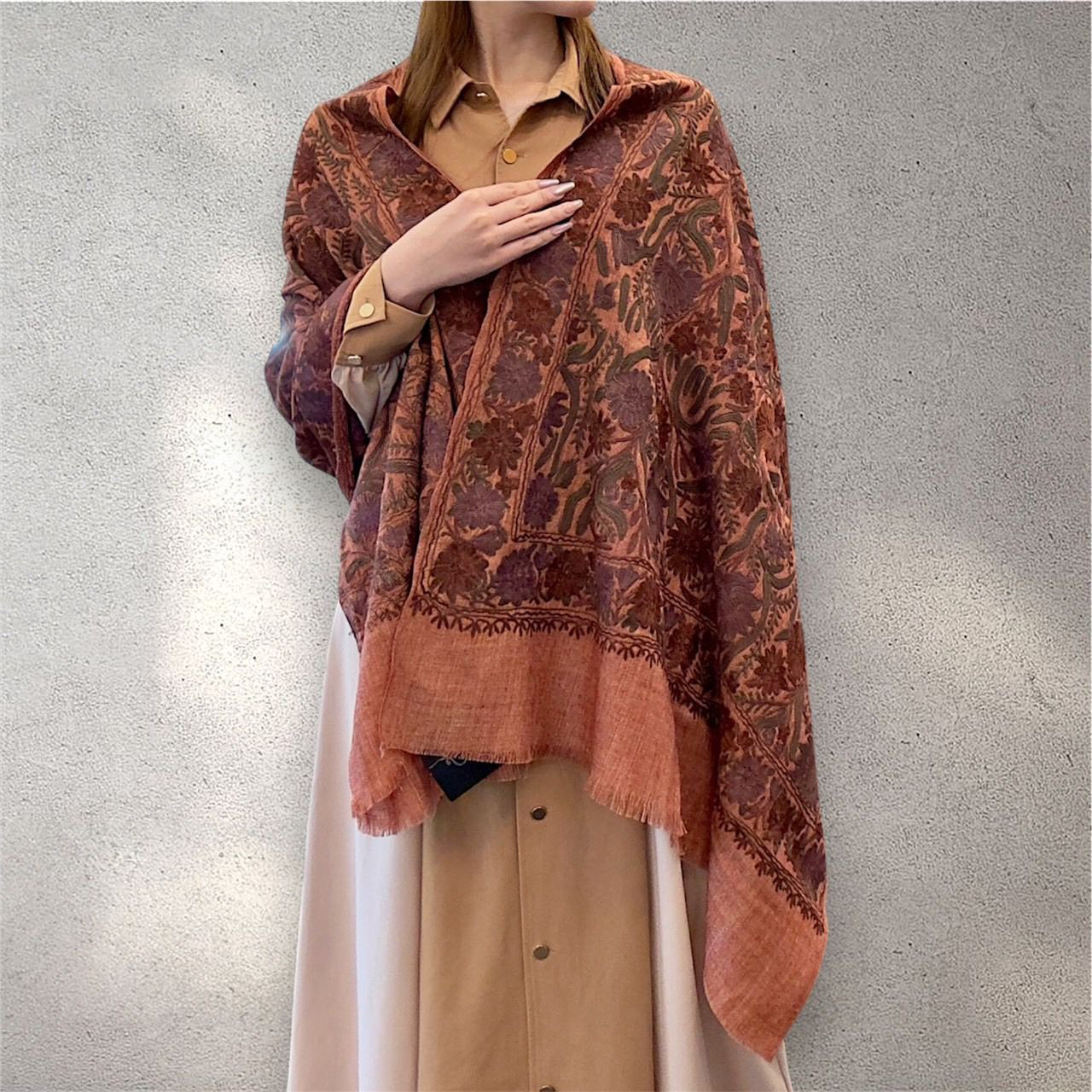 パシュミナショール カシミヤショール ストール オレンジ　花柄 植物柄大判 一点物 ハンドメイド カシミール シルク糸