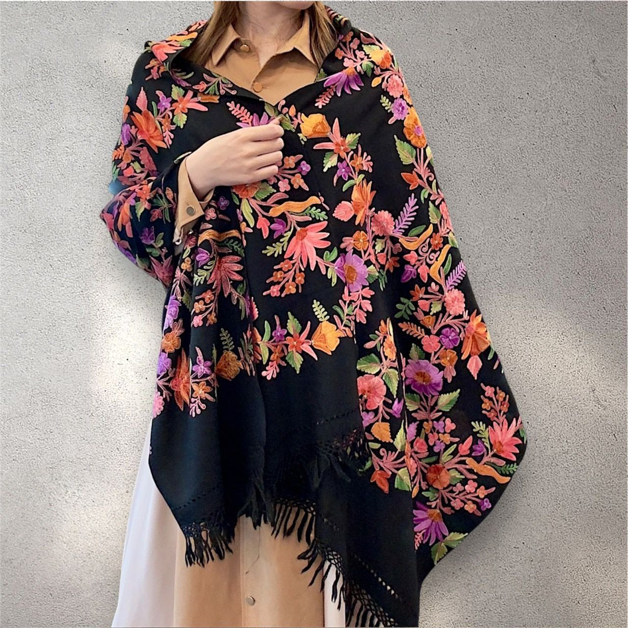 メリノウール シルク刺繍 手織り ショール ストール ボタニカル 花柄 一点物 ハンドメイド カシミール シルク糸