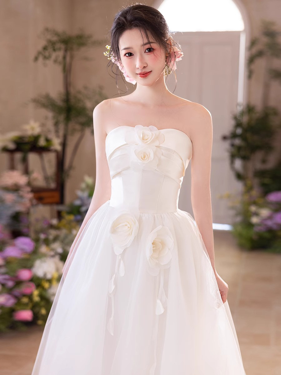 ドレス ウェディングドレス パーティー ロング プリンセス 白 サテン ふわふわ 上品 韓国風 前撮り 結婚式 お呼ばれ