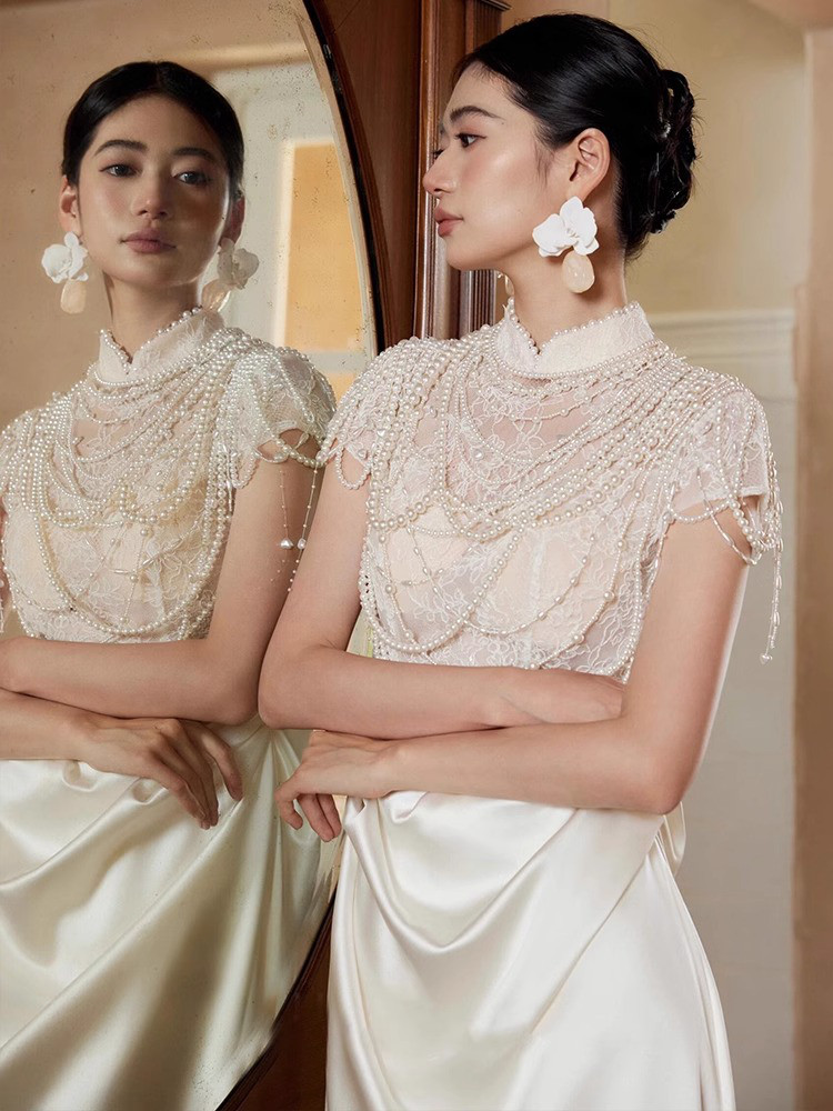 ドレス ウェディングドレス パーティー ロング プリンセス 白 パール レース 上品 韓国風 前撮り 結婚式 お呼ばれ