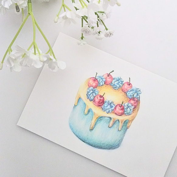 色鉛筆画 原画 1点物 ホールケーキ 青 イラスト ハガキサイズ イラスト