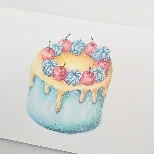 色鉛筆画 原画 1点物 ホールケーキ 青 イラスト ハガキサイズ イラスト