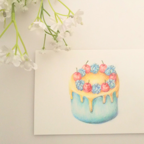 色鉛筆画 原画 1点物 ホールケーキ 青 イラスト ハガキサイズ イラスト