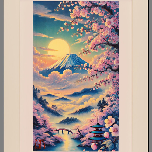 【全国送料無料】特別値下げ●『 桜色に染まる富士』●がんどうあつし製作ピエゾグラフA3フレーム付 Katsushika Hokusai（葛飾北斎） 葛飾北斎「桜花に富士図」《特別仕様