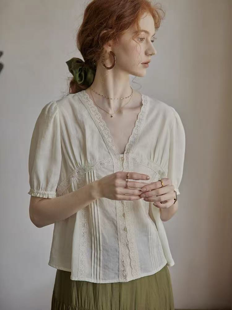 レース切替半袖ブラウス　シャツブラウス