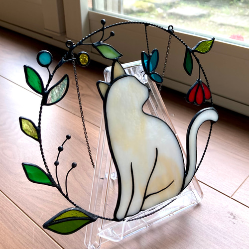 猫とヒナギクの花 ヴィンテージステンドグラス ランドルフ スーザン・パワーズ 猫とヒナギクの花 ヴィンテージ ステンドグラス ランドルフ
