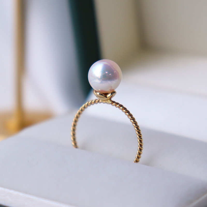【La Corser】シンプルな輸入日本製海水6.5-8.5mmアコヤ18Kゴールド天然海水真珠リング、エレガントで多用途