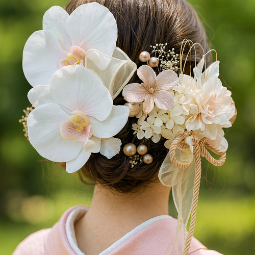 ほんのりピンク色のリアル胡蝶蘭 髪飾り 結婚式 成人式 卒業式 前撮り