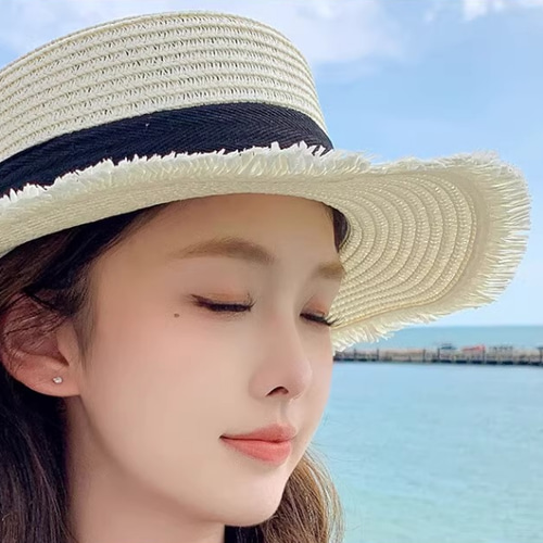 洋風リボン付き麦わら帽子夏のつば海辺リゾート日焼け止め帽子