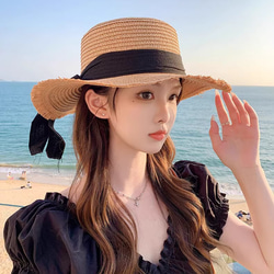 洋風リボン付き麦わら帽子夏のつば海辺リゾート日焼け止め帽子