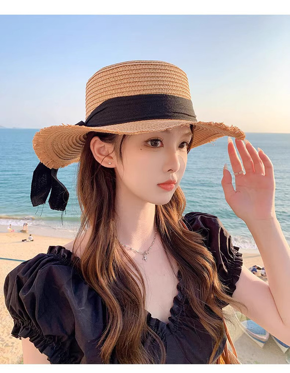 リボン付き麦わら帽子 洋風リボン付き麦わら帽子夏のつば海辺リゾート日焼け止め帽子