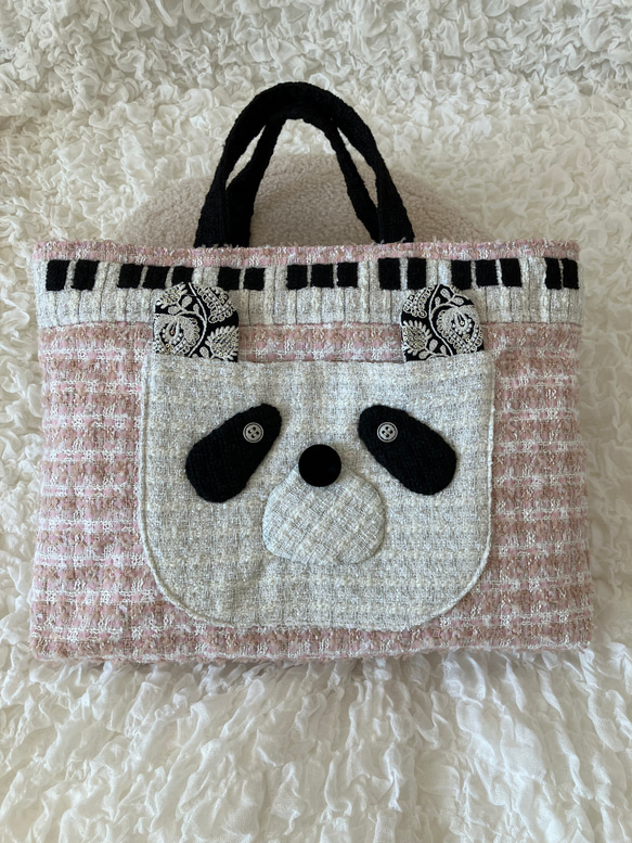 【MIMOSHIGE〜ミモシゲバッグ５号〜パンダちゃん】　ハンドメイド　レッスンバッグ　キッズバッグ　布バッグ　動物柄 1枚目の画像