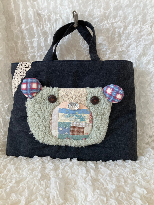 【MIMOSHIGE〜ミモシゲバッグ６号〜くまちゃん】　ハンドメイド　レッスンバッグ　キッズバッグ　布バッグ　動物柄 2枚目の画像