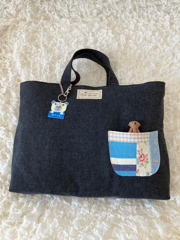 【MIMOSHIGE〜ミモシゲバッグ６号〜くまちゃん】　ハンドメイド　レッスンバッグ　キッズバッグ　布バッグ　動物柄 3枚目の画像