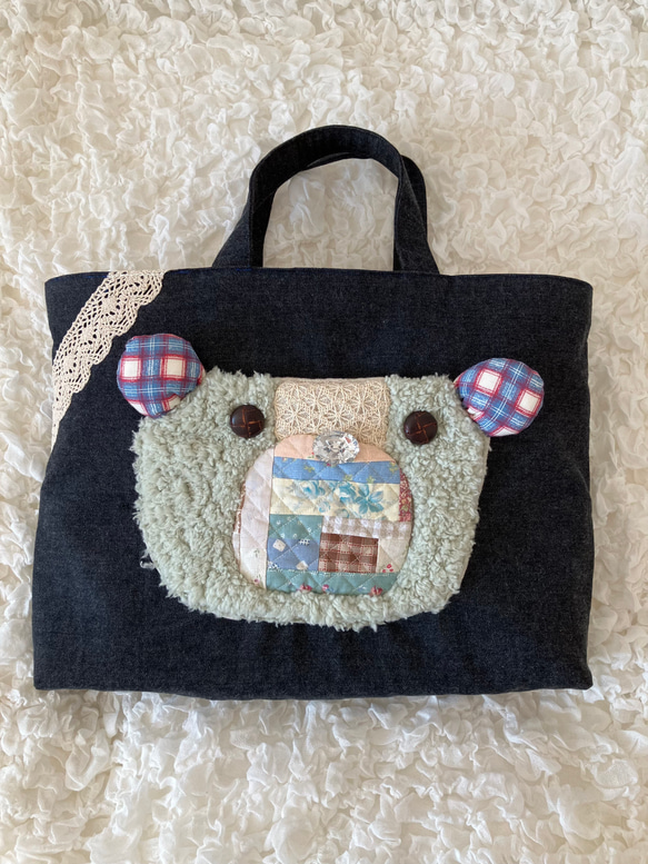 【MIMOSHIGE〜ミモシゲバッグ６号〜くまちゃん】　ハンドメイド　レッスンバッグ　キッズバッグ　布バッグ　動物柄 1枚目の画像